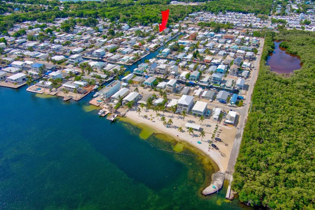 Aerial view of coastal neighborhood and beach with greenery