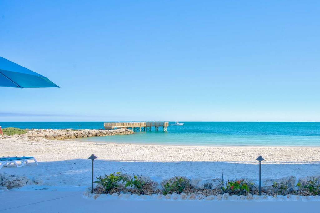 Sunny beach with clear blue sky and tranquil ocean view