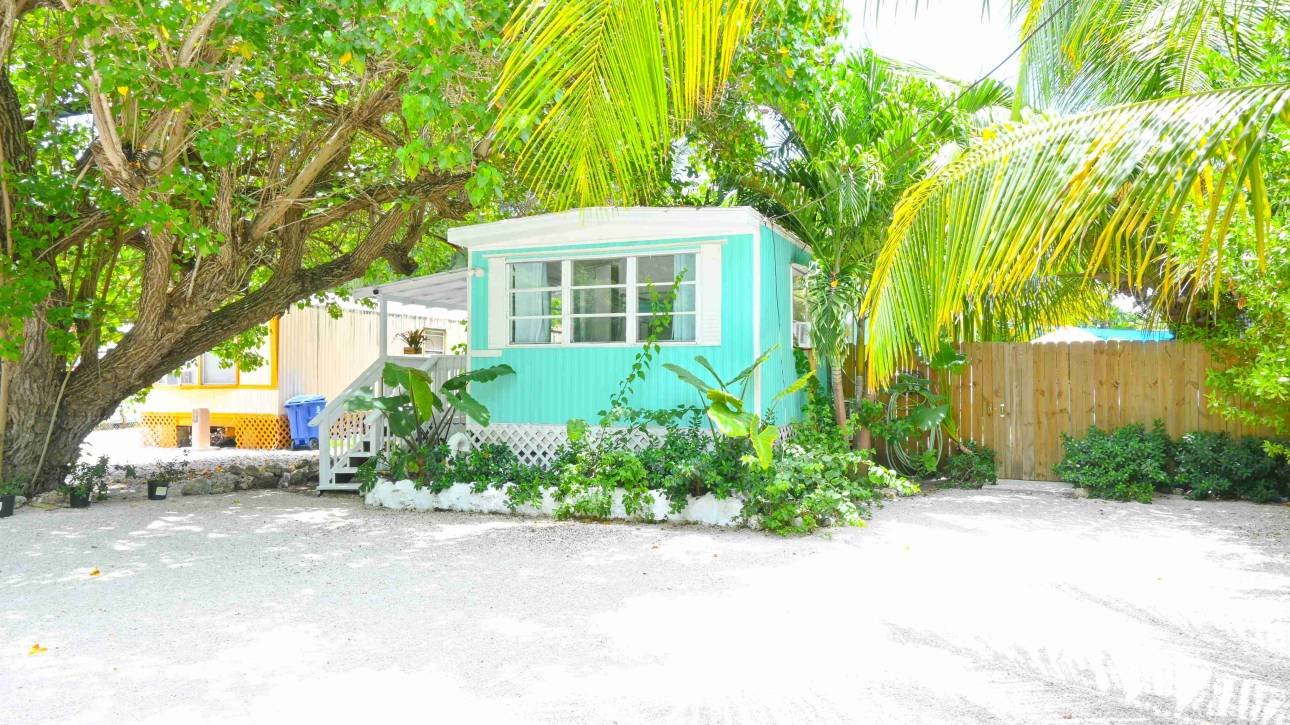 Colorful tropical beach hut surrounded by lush green palm trees