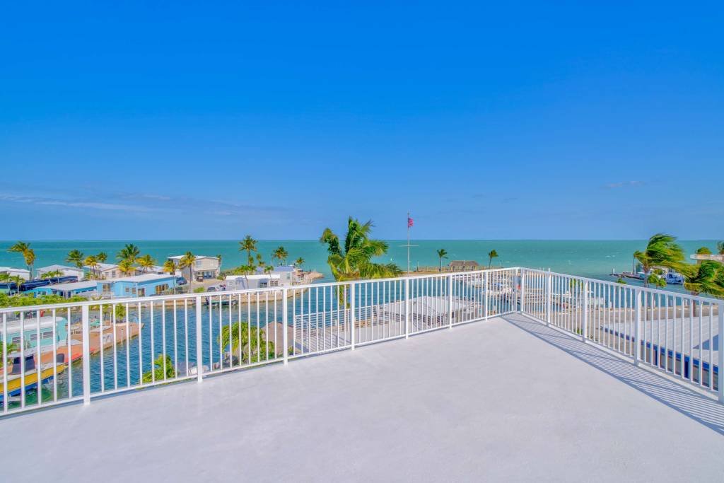 Rooftop overlooking ocean with clear blue sky and palm trees